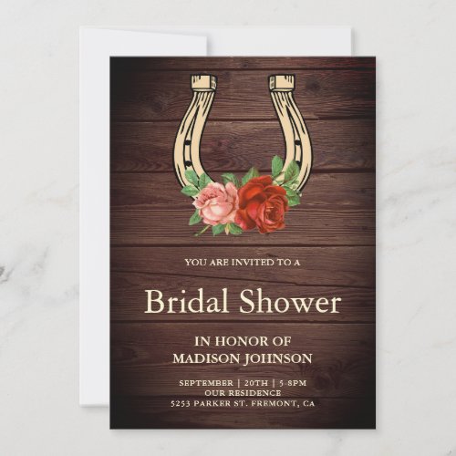 Rustic Country Wood Floral Horseshoe Bridal Shower Invitation
