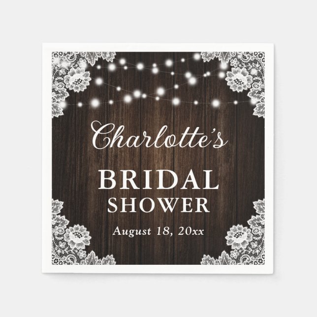 Rustic Country Wood Floral Lace Bridal Shower Napkins (Front)
