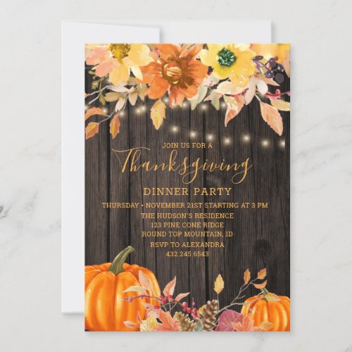 Rustic Country Wood Floral Thanksgiving Dinner Invitation