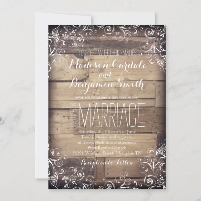 Rustic Country Wood Flourish Wedding Invitations (Front)