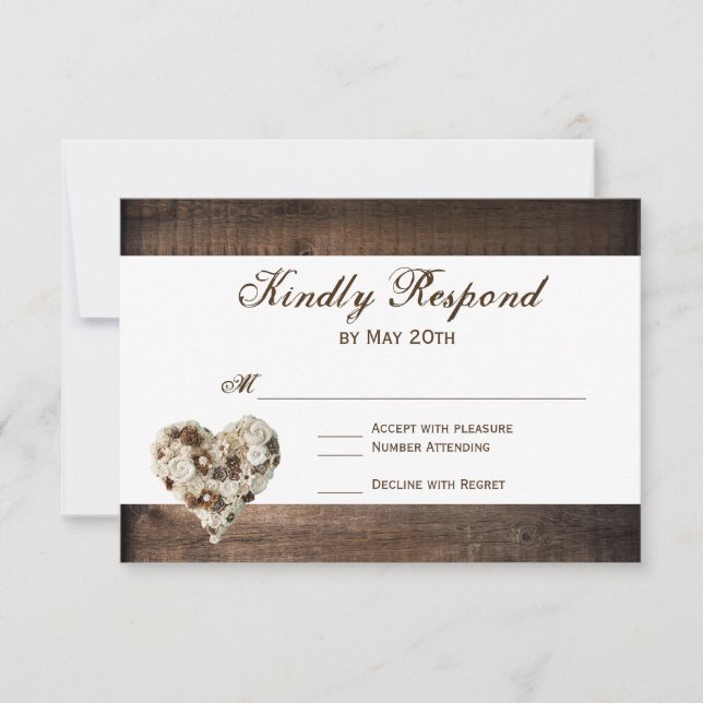 Rustic Country Wood Flower Heart Wedding RSVP Card (Front)