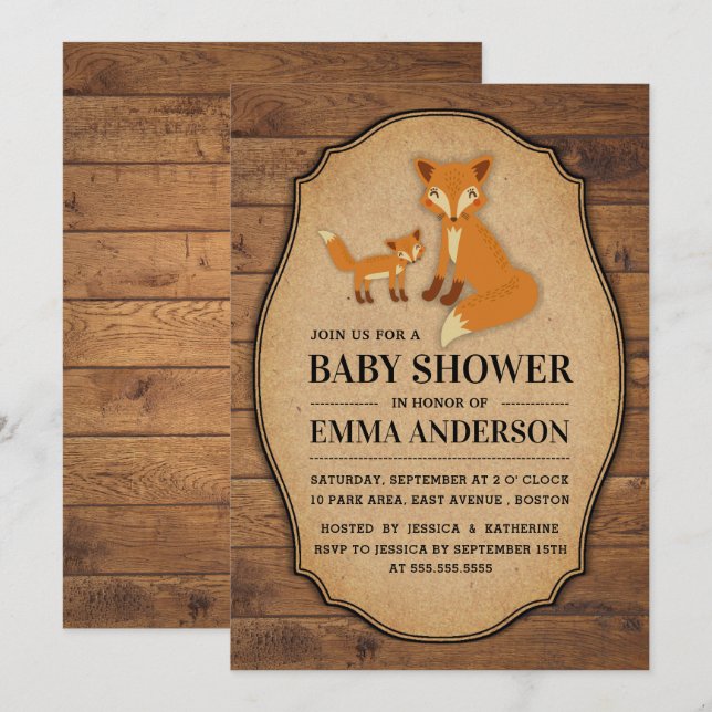 Rustic Country Wood Fox Baby Shower Invitation (Front/Back)