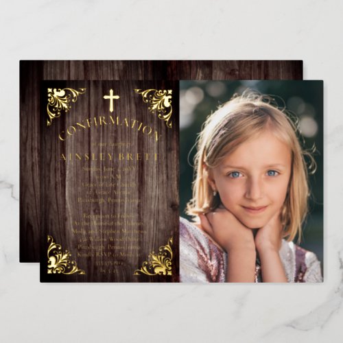 Rustic Country Wood Girl Photo Confirmation _ Gold Foil Invitation