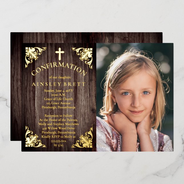 Rustic Country Wood Girl Photo Confirmation - Gold Foil Invitation (Front/Back)
