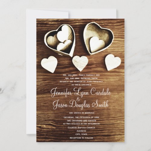 Rustic Country Wood Grain Hearts Wedding Invites