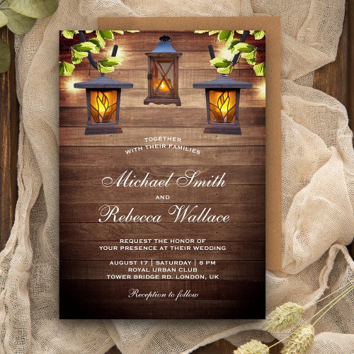 Rustic Country Wood Hanging Lanterns Wedding Invitation