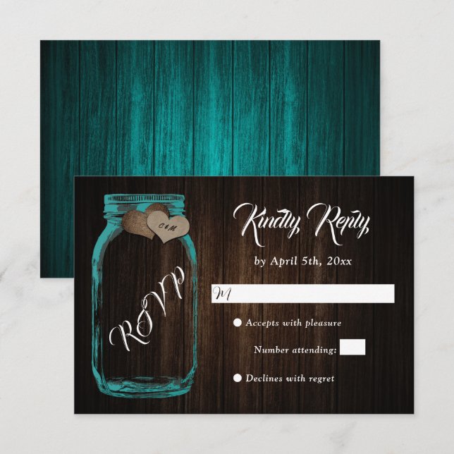 Rustic Country Wood Heart Mason Jar Wedding RSVP (Front/Back)