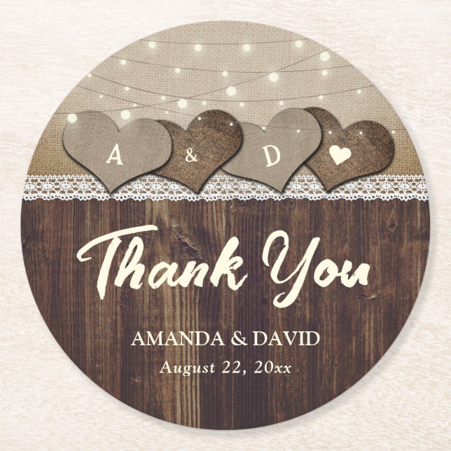 Rustic Country Wood Heart Monogram Wedding Round Paper Coaster (Front)