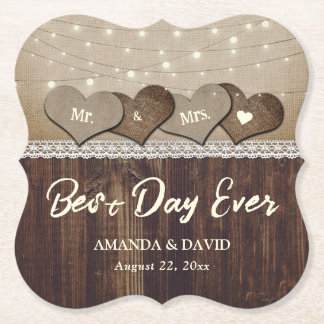 Rustic Country Wood Heart String Lights Wedding Paper Coaster