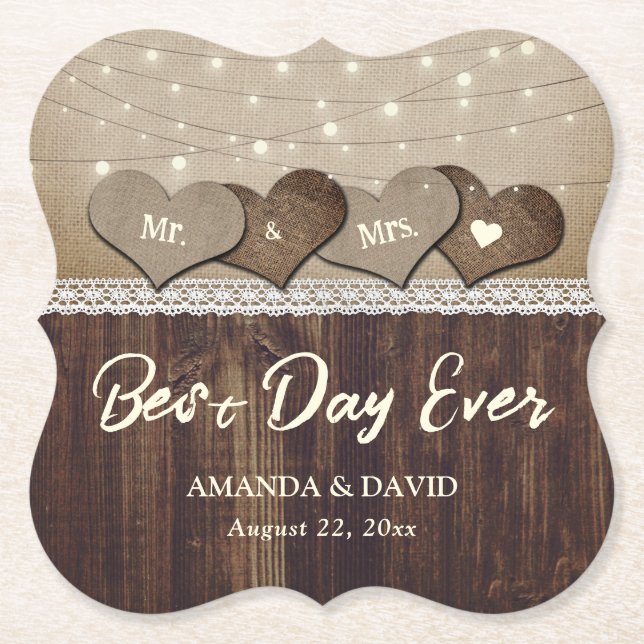 Rustic Country Wood Heart String Lights Wedding Paper Coaster (Front)