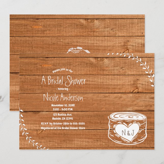 Rustic Country Wood Heart Stump Bridal Shower Invitation (Front/Back)