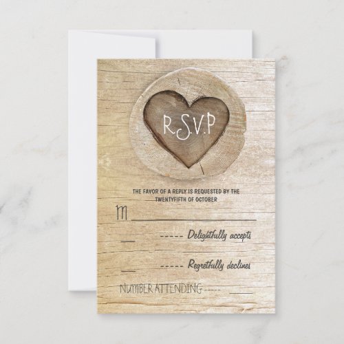 Rustic country wood heart wedding RSVP cards - Vintage rustic country wedding reply cards with carved tree wooden heart