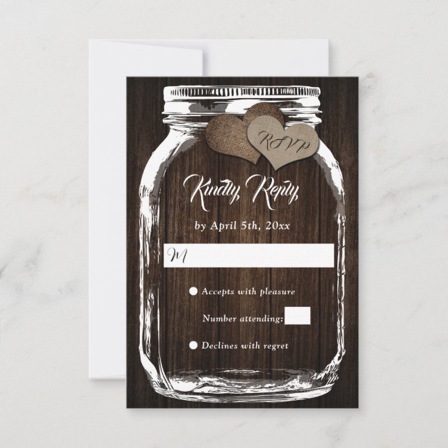 Rustic Country Wood Hearts Mason Jar Wedding RSVP (Front)