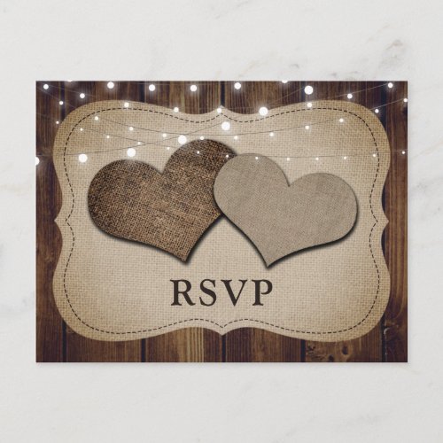 Rustic Country Wood Hearts Wedding RSVP Postcard