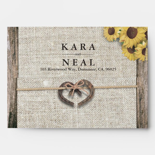 Rustic Country Wood Horseshoe Burlap Lace Wedding Envelope (Back (Top Flap))