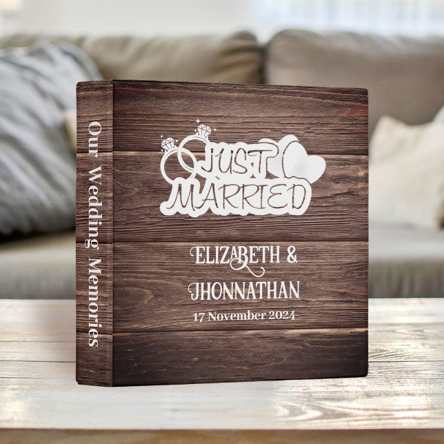 Rustic Country Wood Just Married Wedding Planners 3 Ring Binder (Creator Uploaded)