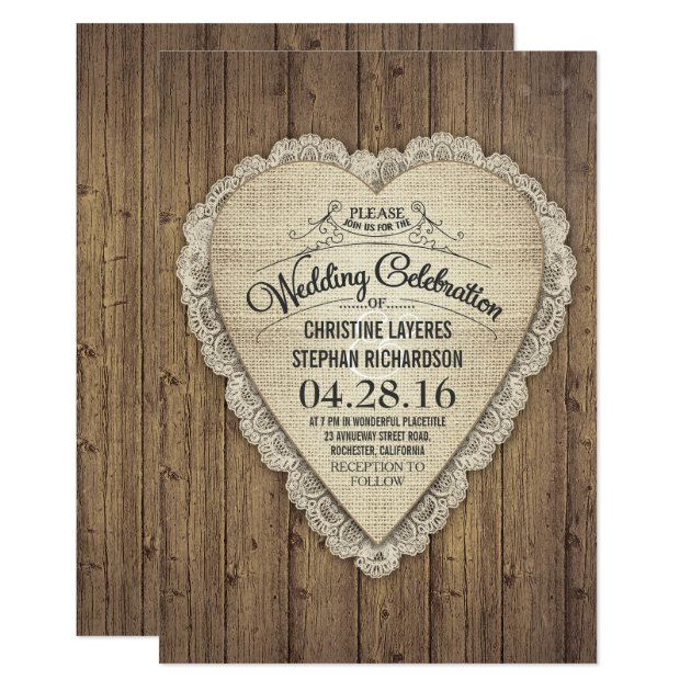 Rustic Country Wood Lace And Burlap Wedding Invite