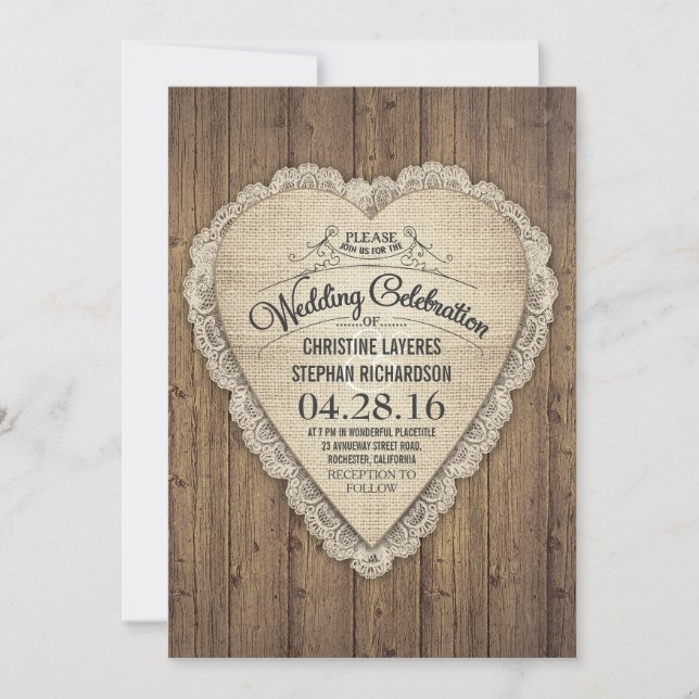 rustic country wood lace and burlap wedding invite (Front)