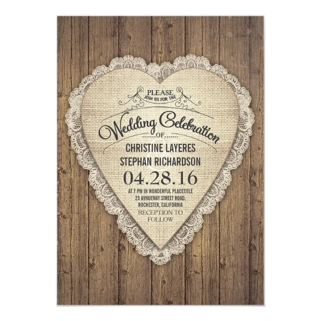 Rustic Country Wood Lace And Burlap Wedding Invite