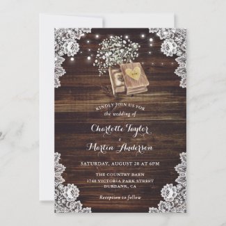 Rustic Country Wood Lace Baby's Breath Wedding Invitation
