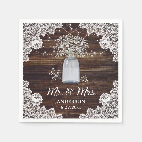 Rustic Country Wood Lace Babys Breath Wedding Napkins
