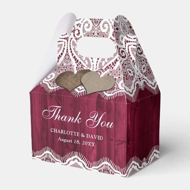 Rustic Country Wood Lace Burgundy Wedding Favor Boxes (Front Side)