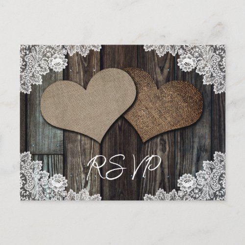 Rustic Country Wood Lace Burlap Heart Wedding RSVP Invitation Postcard