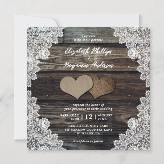 Rustic Country Wood Lace Burlap Hearts Wedding Invitation