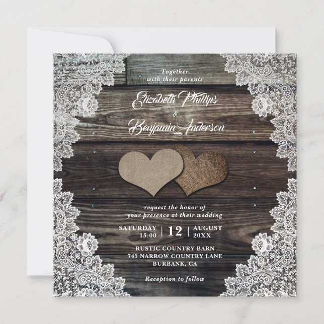 Rustic Country Wood Lace Burlap Hearts Wedding Invitation (Front)