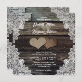 Rustic Country Wood Lace Burlap Hearts Wedding Invitation (Front/Back)