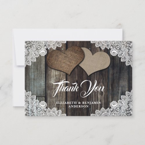 Rustic Country Wood Lace Burlap Hearts Wedding Thank You Card