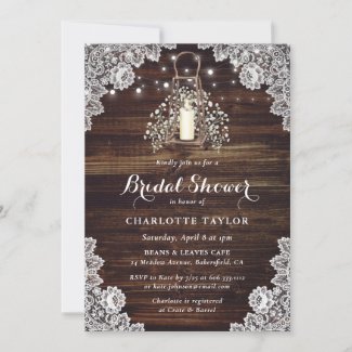 Rustic Country Wood Lace Floral Bridal Shower Invitation