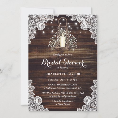Rustic Country Wood Lace Floral Bridal Shower Invitation