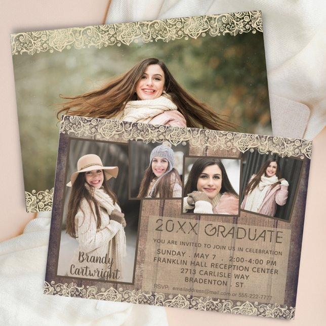 Rustic Country Wood Lace GRADUATE 5 Photos Invitation (Creator Uploaded)