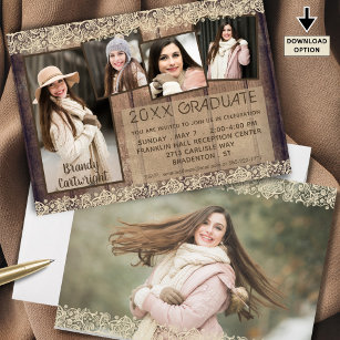 Rustic Country Wood Lace GRADUATE 5 Photos Invitation