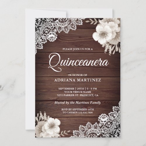 Rustic Country Wood Lace Ivory Floral Quinceanera Invitation