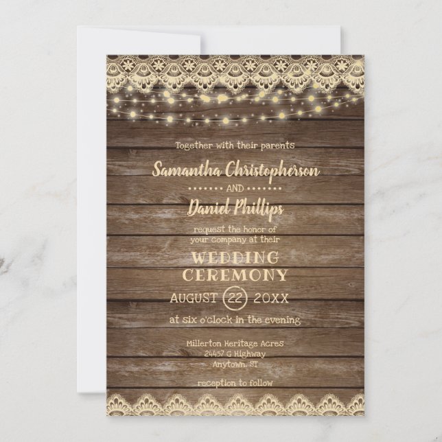 Rustic Country Wood | Lace & Lights Wedding Invitation (Front)