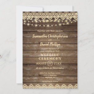 Rustic Country Wood Lace & Lights Wedding Invitation