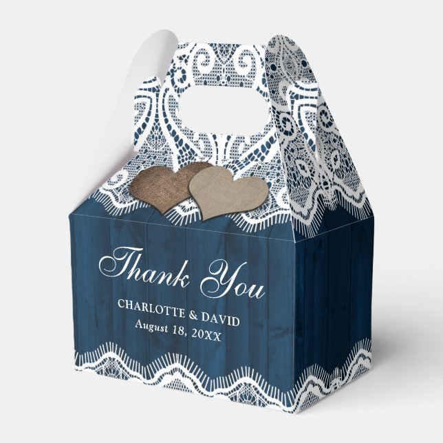 Rustic Country Wood Lace Navy Blue Wedding Favor Boxes (Front Side)