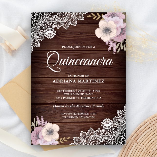 Rustic Country Wood Lace Pink Floral Quinceanera Invitation (Creator Uploaded)