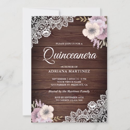 Rustic Country Wood Lace Pink Floral Quinceanera Invitation