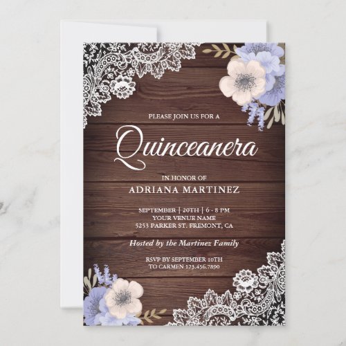 Rustic Country Wood Lace Purple Floral Quinceanera Invitation