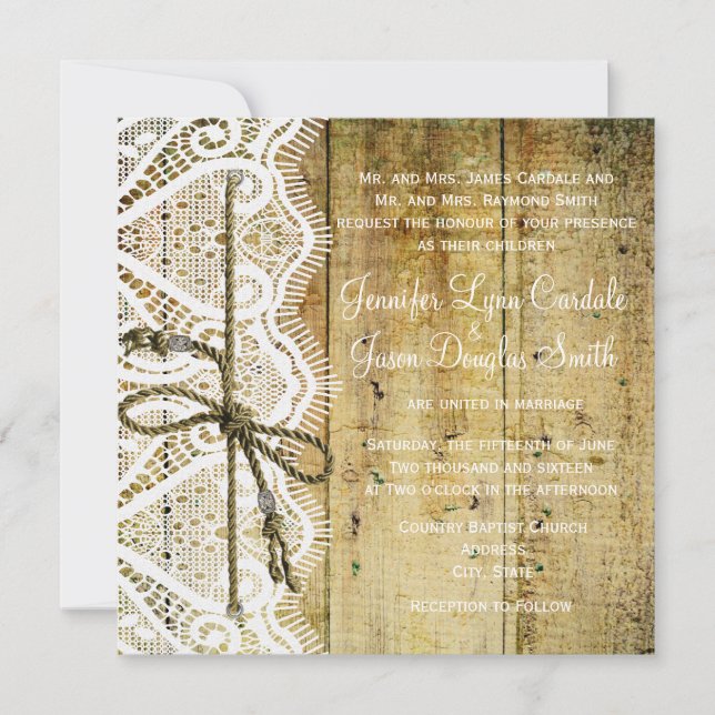 Rustic Country Wood Lace Square Wedding Invitation (Front)