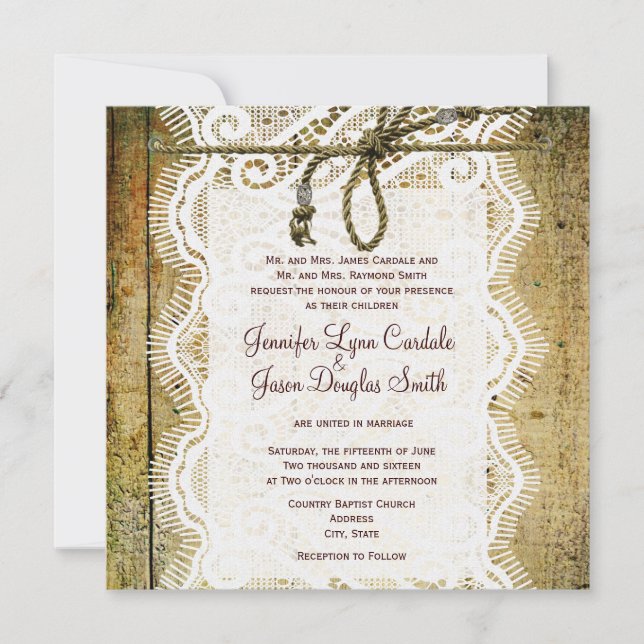 Rustic Country Wood Lace Square Wedding Invitation (Front)