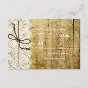 Rustic Country Wood Lace Square Wedding Rsvp Cards by CustomWeddingSets at Zazzle