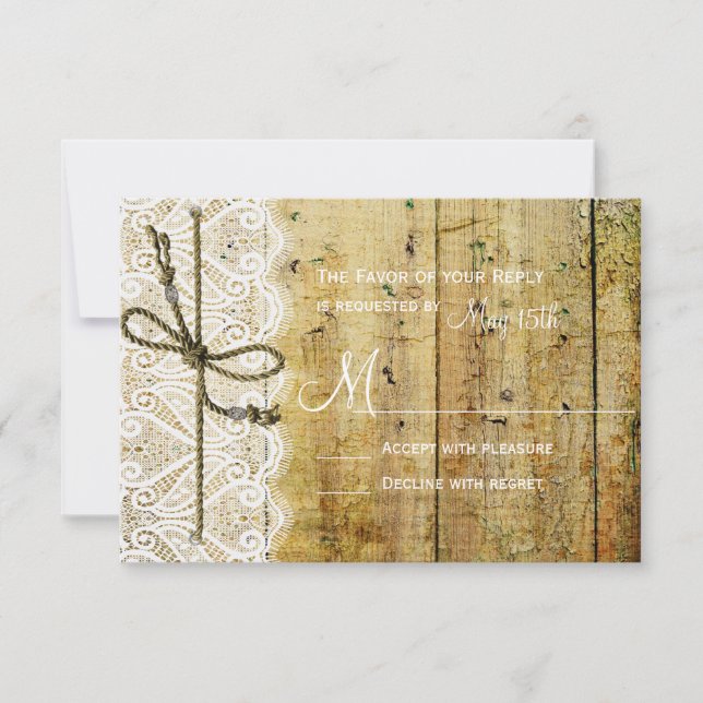 Rustic Country Wood Lace Square Wedding RSVP Cards (Front)