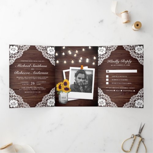 Rustic Country Wood Lace String Lights Wedding Tri_Fold Invitation