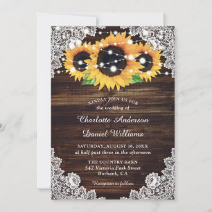 Rustic Country Wood Lace Sunflower Wedding Invitation