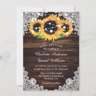 Rustic Country Wood Lace Sunflower Wedding Invitation