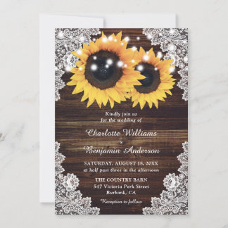 Rustic Country Wood Lace Sunflower Wedding Invitation